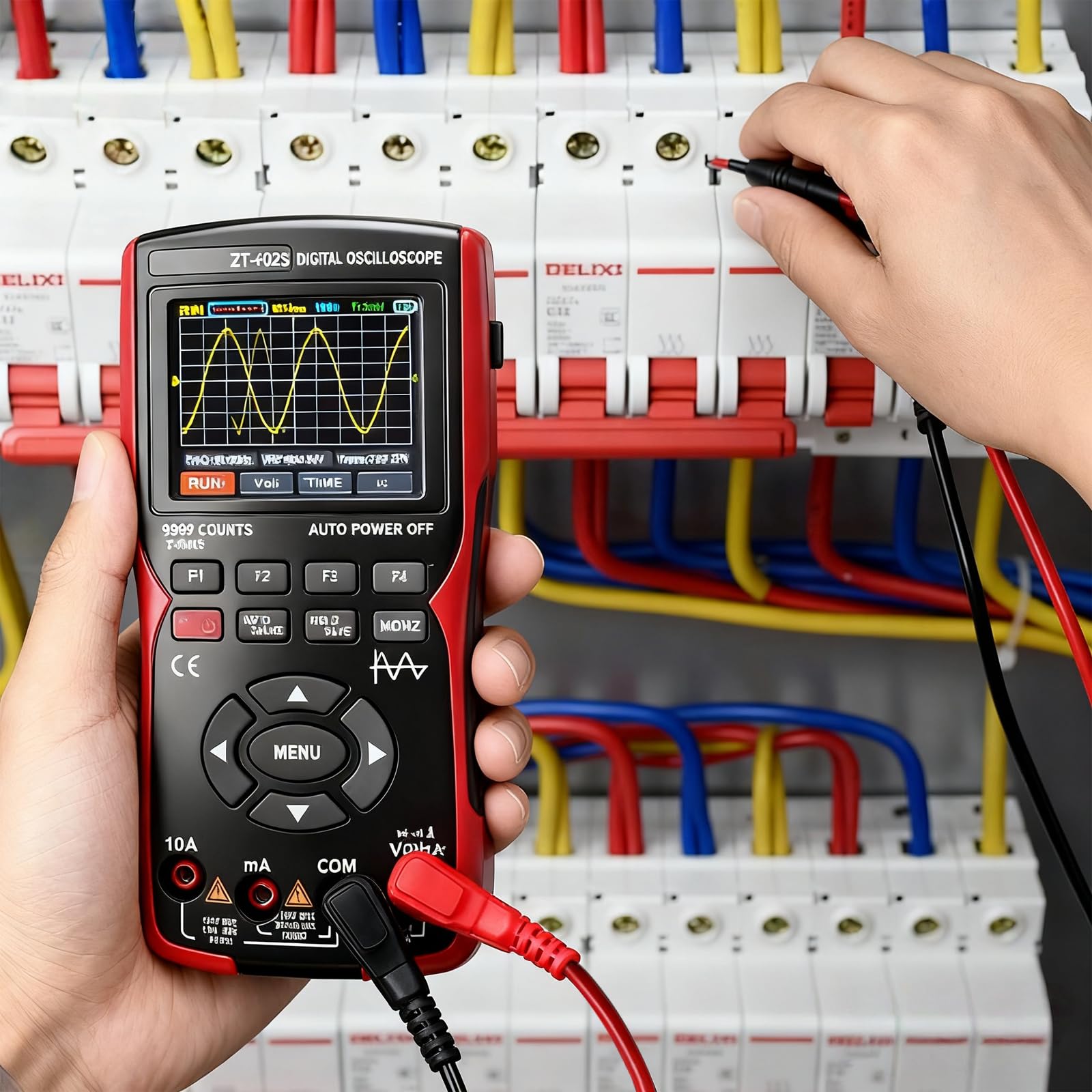 Osciloscopio portátil, multímetro digital 9999 recuentos, osciloscopio de 10 MHz de ancho de banda, 48 MSa/s de tasa de muestreo, probador de corriente, osciloscopio LED con sonda, función de