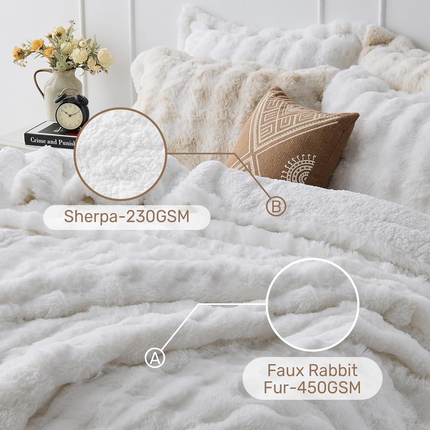 Peace nest Fluffy Rabbit Faux Fur Bedding Queen Comforter Set Ultra Soft Plush Winter Solid Bubble Sherpa Reversible Comforters 3 Pieces Sets with 1 Comforter 2 Pillow Shams White - Image 5