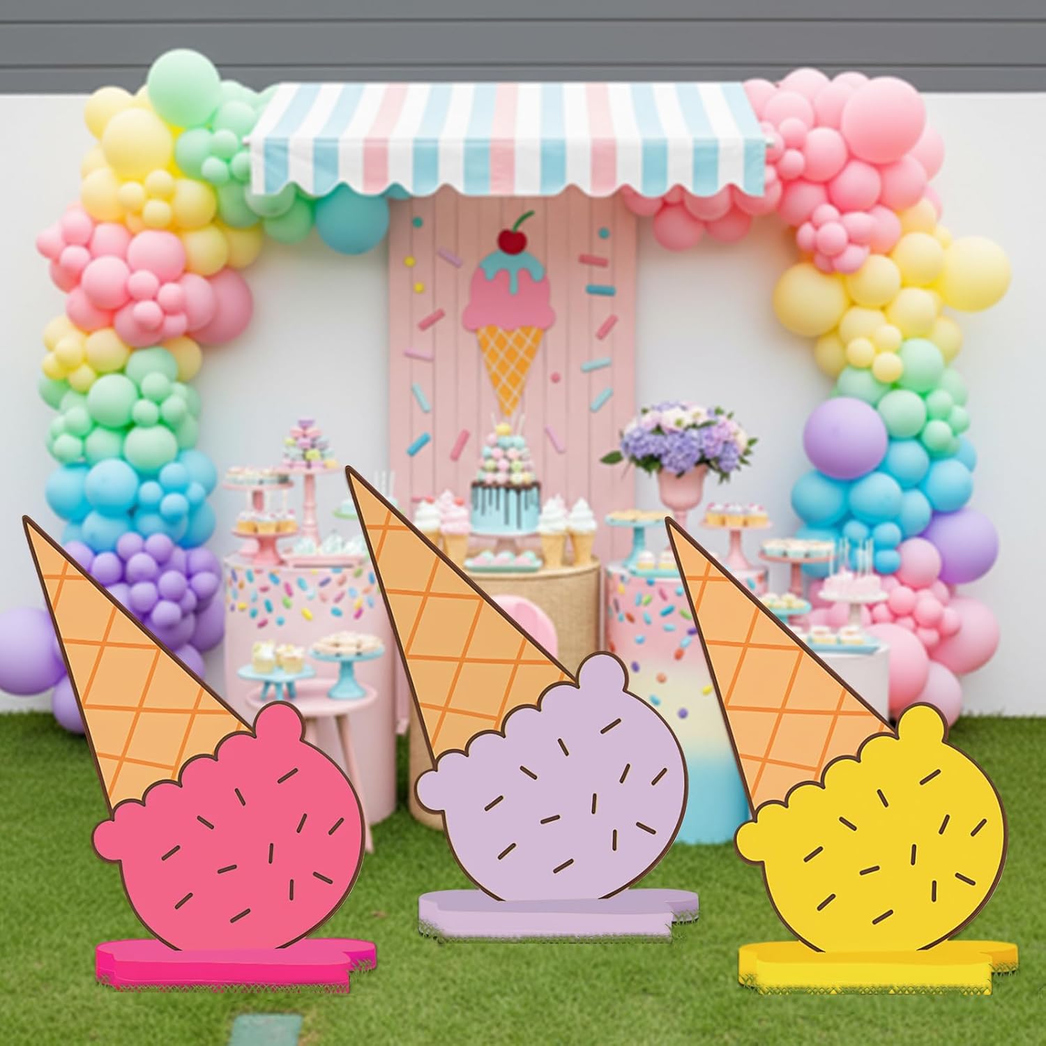 3 Pcs Summer Ice Cream Bar Party Decorations 35.4 Inches Ice Cream Cone Sign Colorful Stand Sign for Summer Theme Party Favors Supplies Wedding Photo Prop Decorations