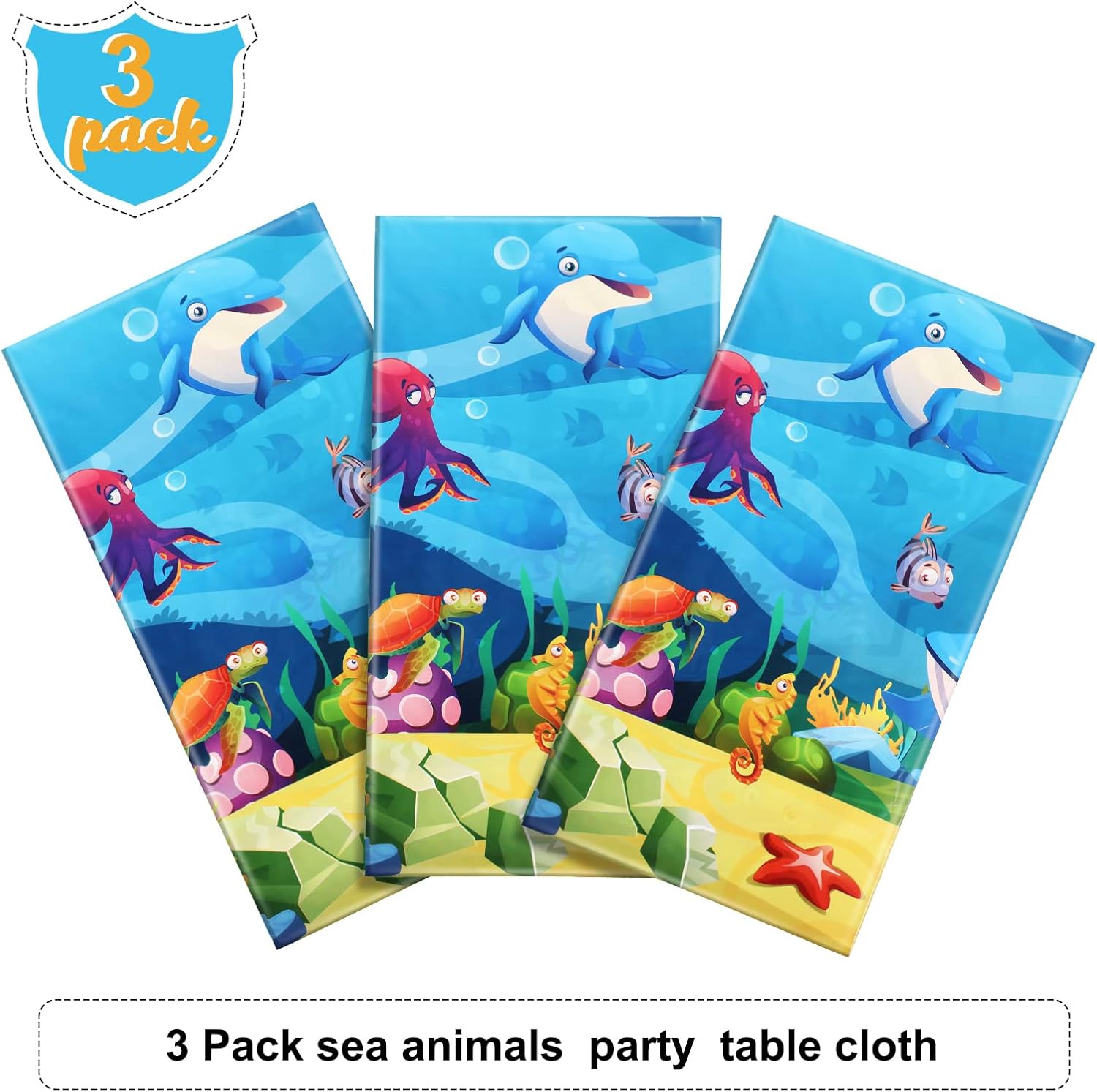 Tiamon 3 Pack Sea Party Tablecloth Ocean Animals Table Cover Underwater Creatures Ocean Sea Life Tablecloth for Kids Ocean Birthday Party Decoration, 54 x 108 Inch image 4