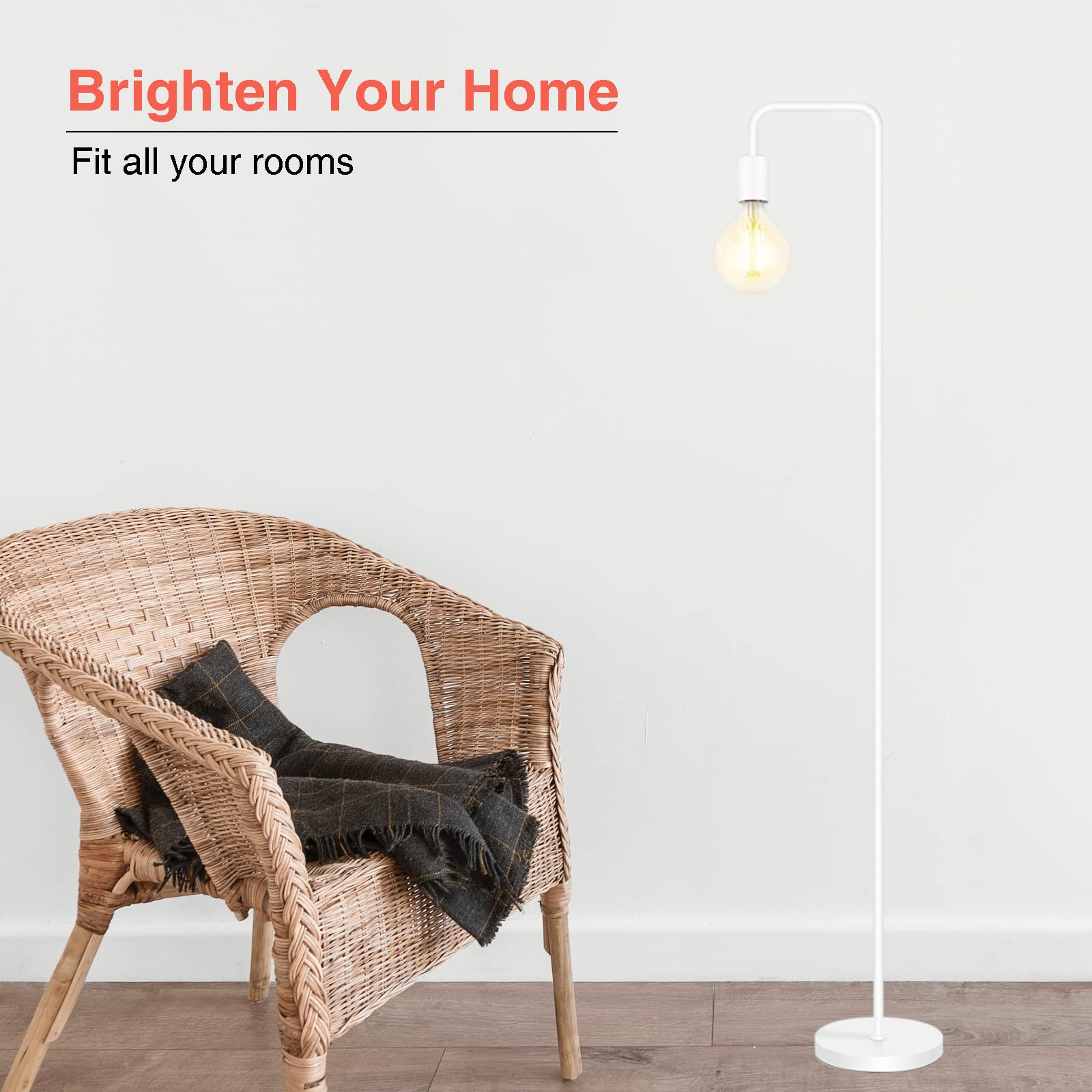BBHome Lampadaire rétro incurvé en métal minimaliste avec interrupteur à pied pour chambre à coucher, salon, lecture, bureau I 165 cm I E27 (blanc)