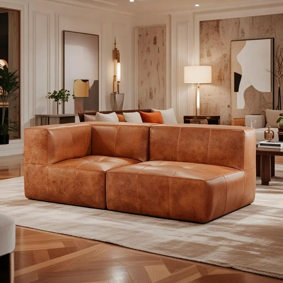 Sofá Modular Poli Couro Marrom 2 Lugares com 1 Braço Confortável Compacto Sala Moderna Premium