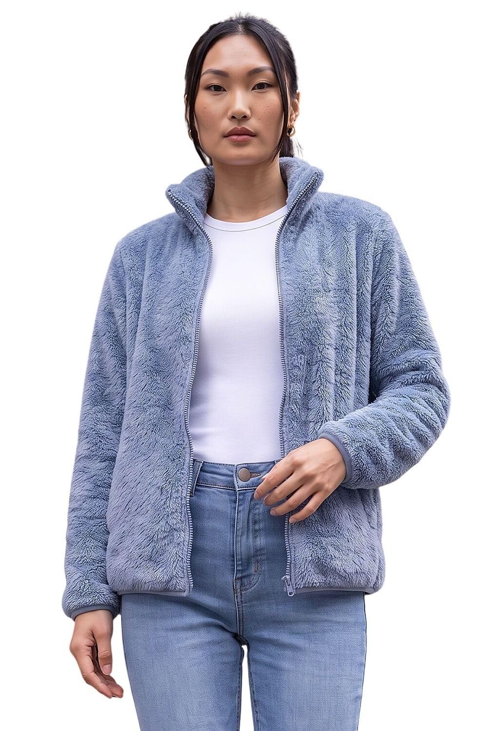 Roman Originals Women's Steel Blue Soft Sherpa Fleece Jacket For Uk - Autumn Everyday Winter Holiday Pull-On Comfy Soft Vacation Work Teddy Coat - Size L
