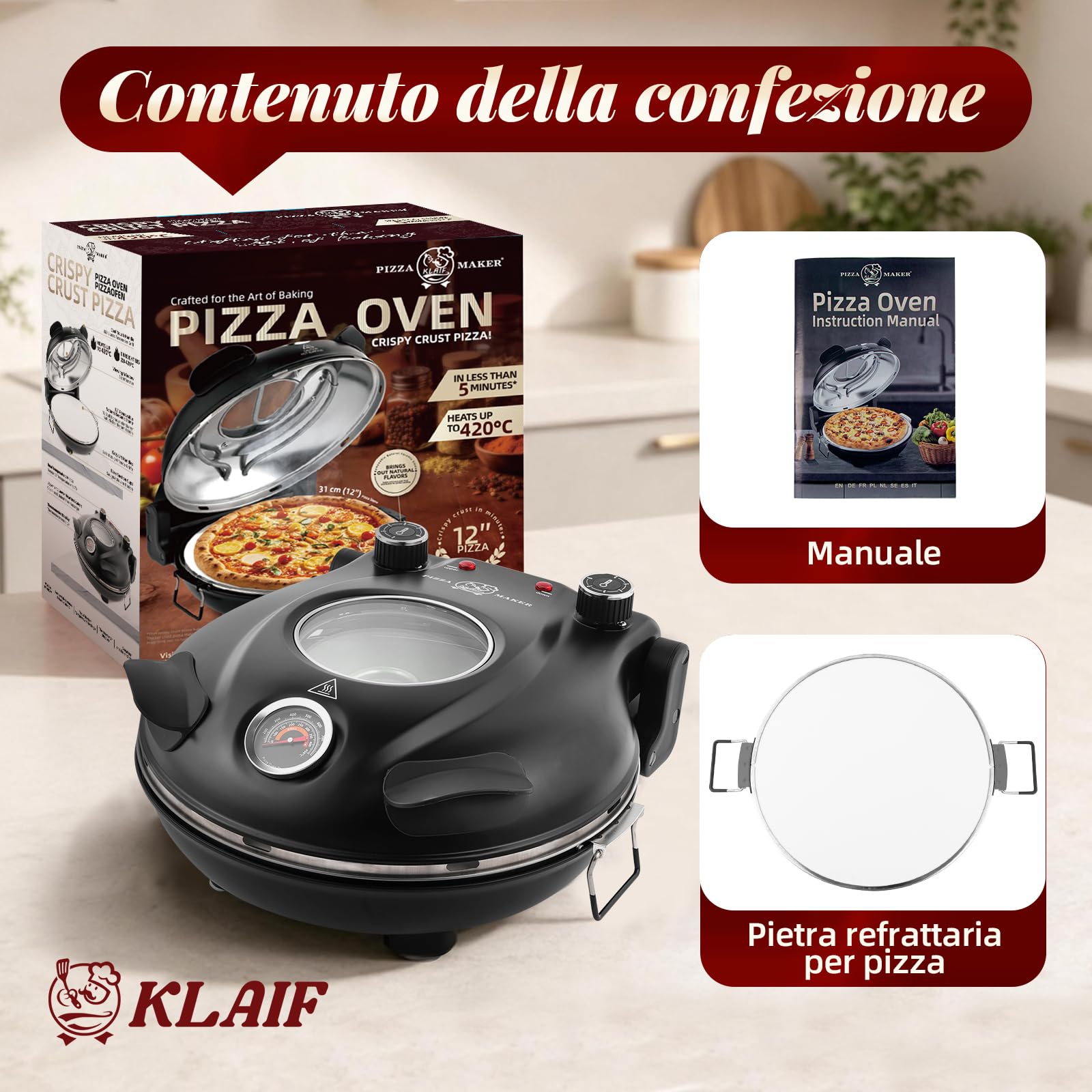 KLAIF Forno per Pizza Elettrico 420 °C, calore superiore e inferiore regolabili separatamente, pietra per pizza in ceramica da 31 cm, 1200 W, forno pizza compatto per casa, modello LM-nero