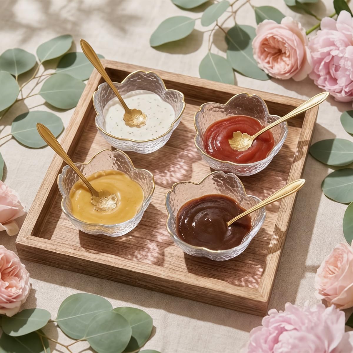 Pink Sakura Sauce Dishes Set with Gold Trim, Glass Cherry Blossom Dipping Bowls with Metal Spoons, Small Condiment Dishes for Soy Sauce, Sushi, Snacks, and Party Appetizers (Clear12pcs+12Spoons)