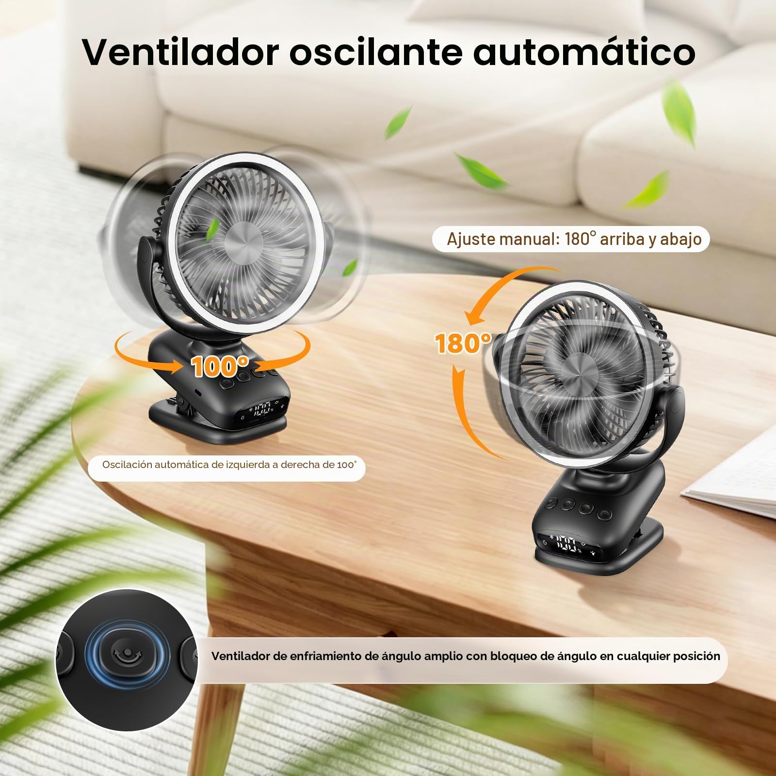 WUQNGI Mini Ventilador Portatil, 10000mAh USB Ventilador Silencioso, Pequeños Ventilador de Mesa con Pinza y Temporizador, Oscilación Automática, Luces LED para Coche Carro Bebe Autocaravana Camping