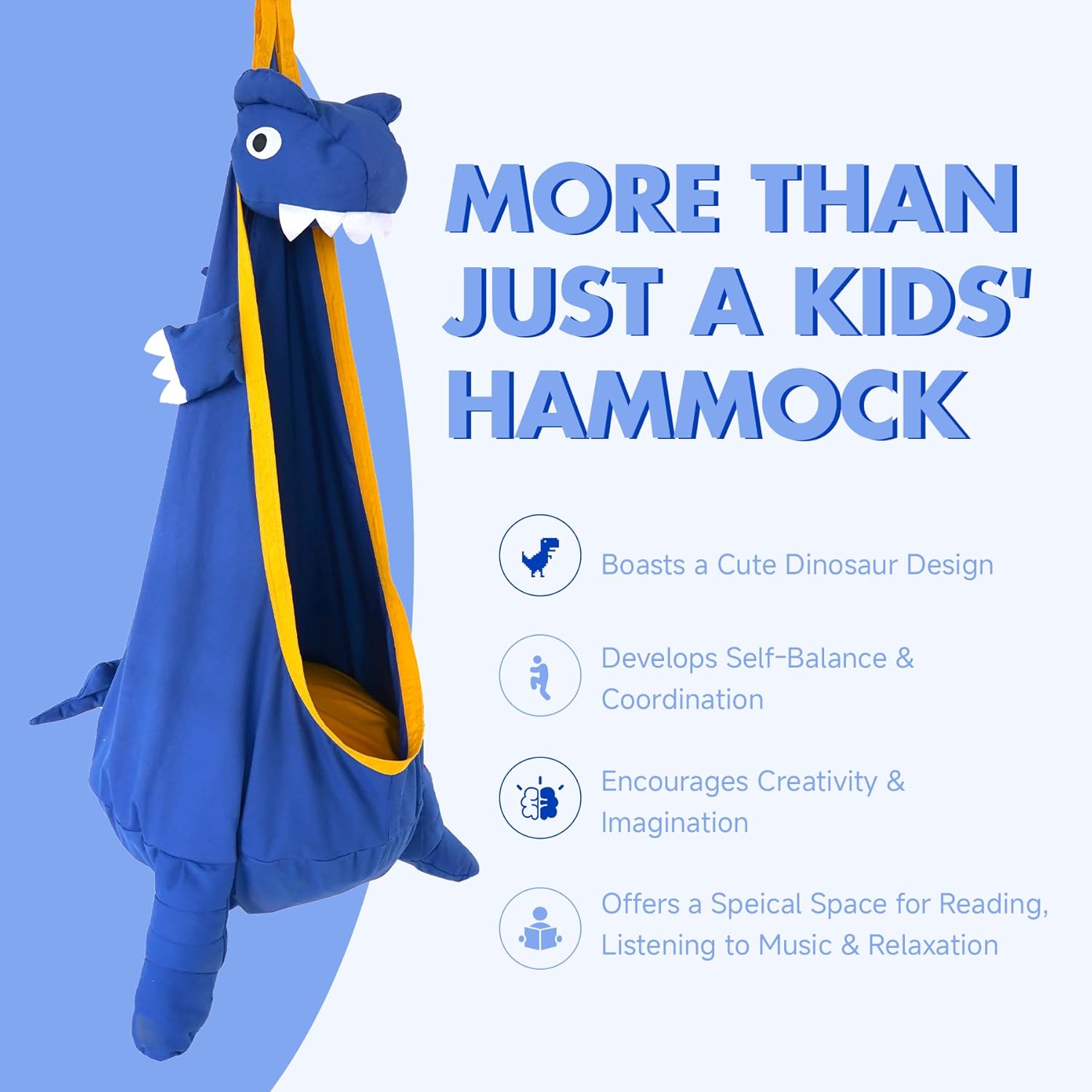 Kids Pod Swing Seat, Dinosaur Shape Canvas Swing Chair, Child Sensory Swing Hammock with Hanging Kits for Indoor/Outdoor Use (Deep Blue)