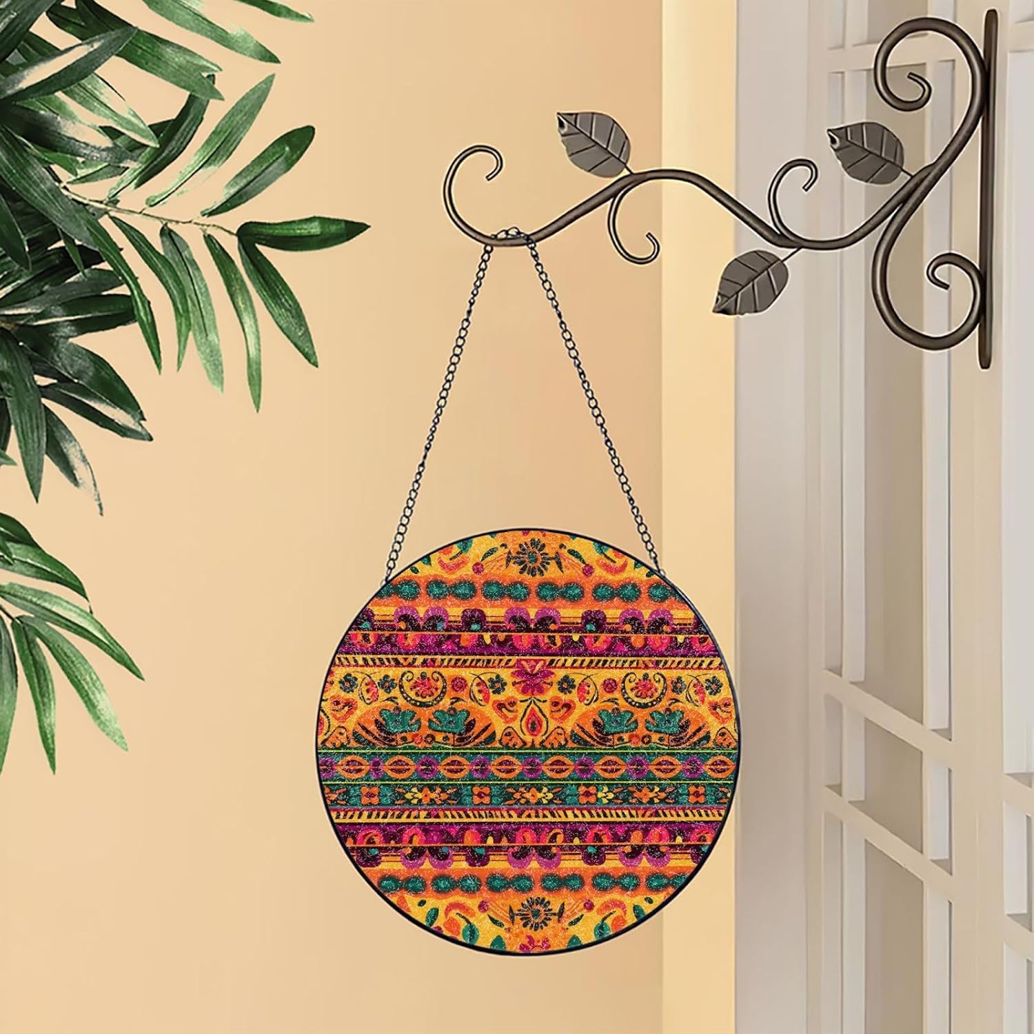 Stained Glass Window Hanging 6in（15cm）, Mexican Folk Art Boho Glass Suncatcher for Home Decor, Indoor Wall Art Glass Panel with Metal Chain and Hooks, Sun Catcher Ornament Birthday Gifts