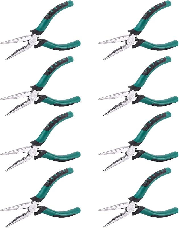 Kit com 8 Alicates de Bico Longo com Mola e Cortador Lateral ZEONHEI, 16 cm, Aço-liga e Cabo de Borracha