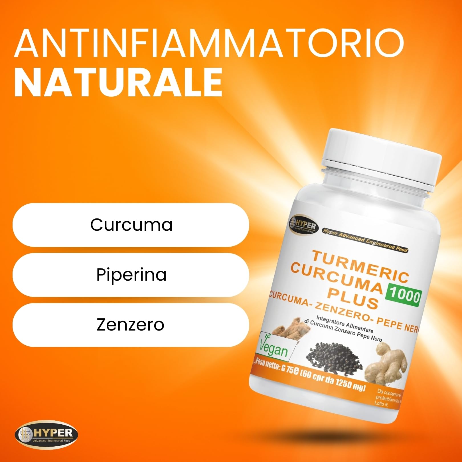 Hyper Turmeric Curcuma e Piperina Plus 1000mg - Formula con Curcumina, Piperina e Zenzero ad Alto Dosaggio - Antiossidante e Antinfiammatorio Naturale. 60 Compresse Made in Italy