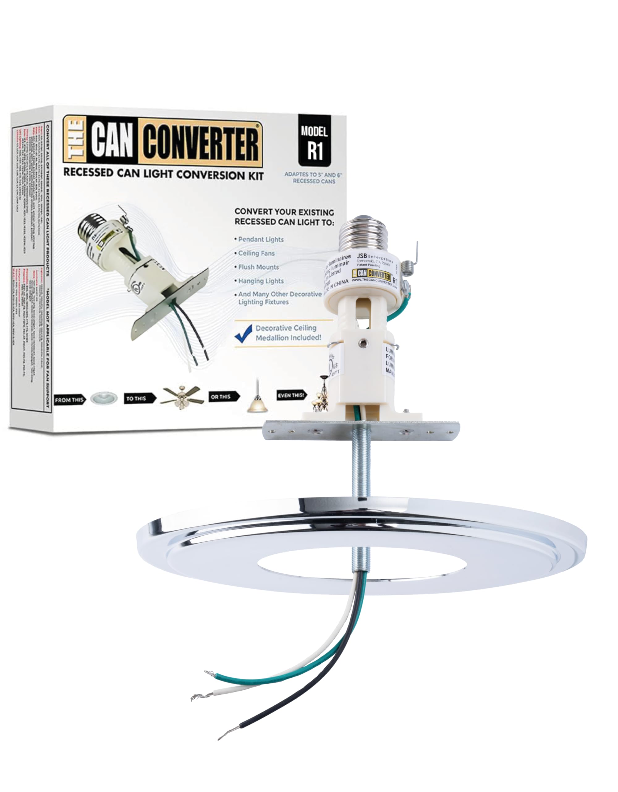 The Can Converter R1 Recessed Can Light Conversion Kit w/ 8¼" Beveled Ceiling Medallion - Home Improvement for 4", 5" &amp; 6" Cans, Fan &amp; Light Fixture Converter Kit, UL Certified, Polished Chrome