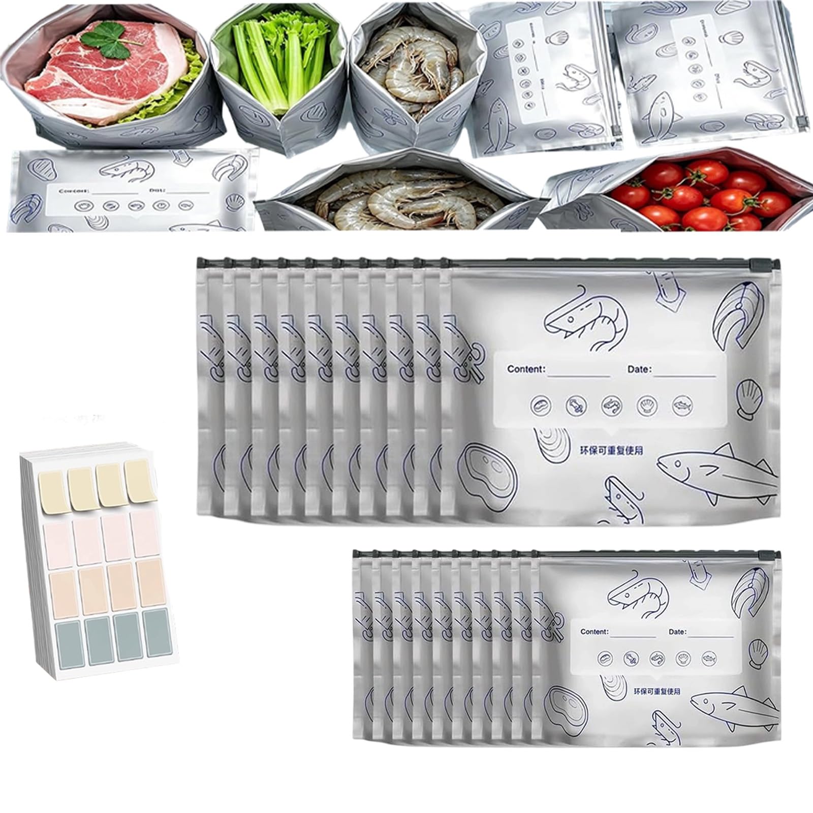 Reusable Aluminum Foil Sealable Storage Bags, Reusable Freezer Bags,Food Bags Zip Seal with Label for Frozen Meat Vegetables Sandwiches Snacks (2PC-(s+m))