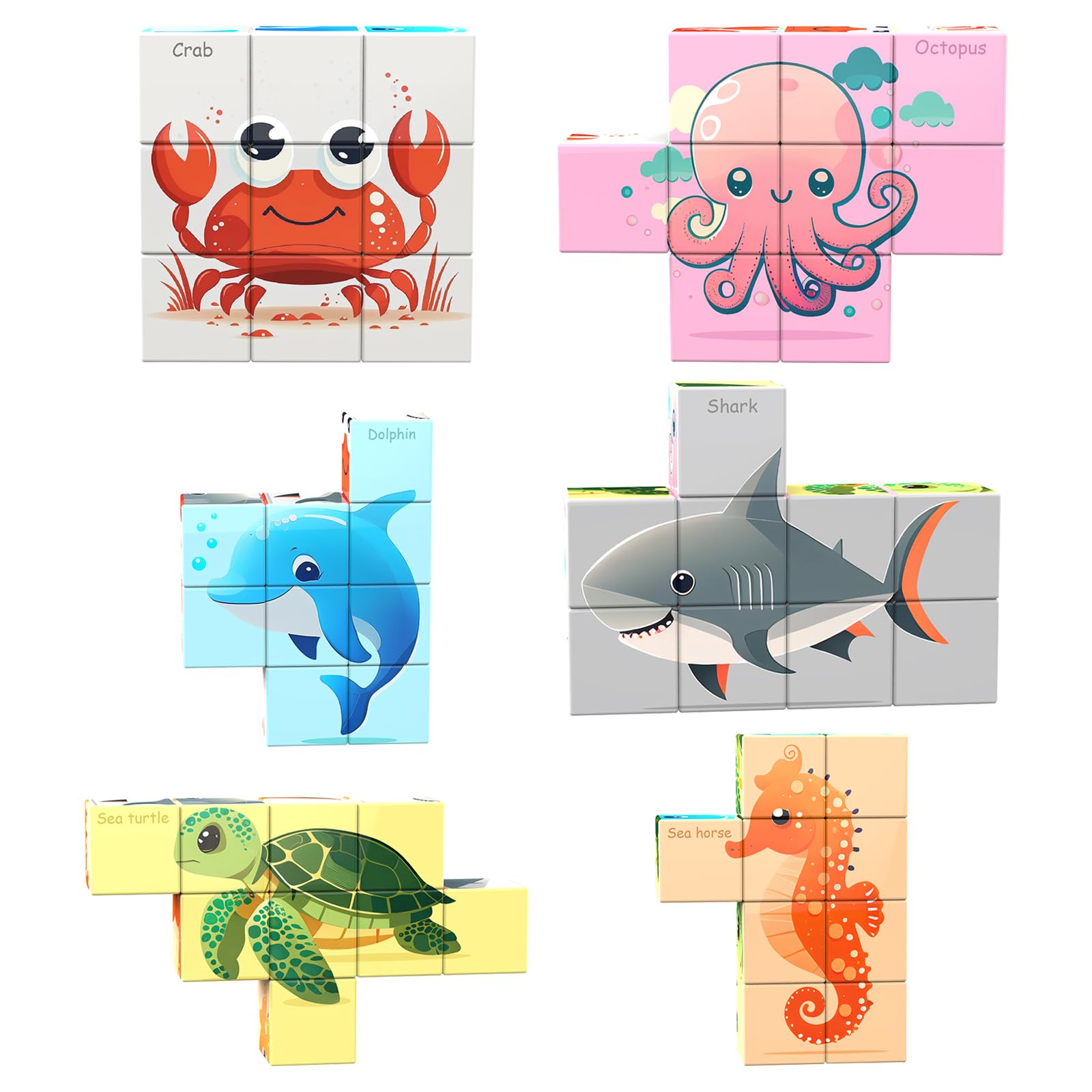 VIXA Magnetic Blocks, Educational Toy, Space, Ocean, Fruits & Vegetables, Dinosaurs, Animals, Transportation Tools, Series, 9 Pieces Transform into 6 Types, 3D Puzzle, Magnetic Blocks, Building Toys :