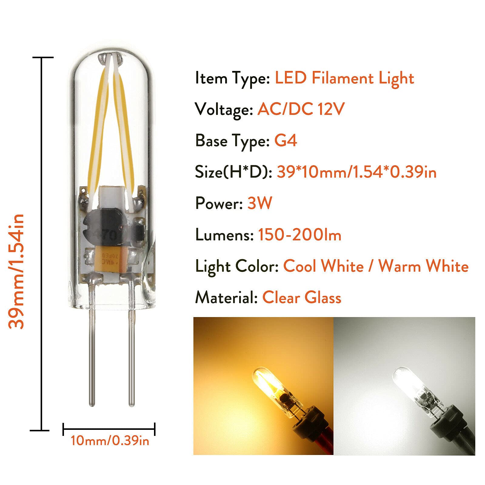 10 Uds Mini G4 LED COB Bombillas De Filamento 3W DC 12V Reemplazar 15W Lámpara Halógena Lámpara De Araña De Cristal Transparente Foco Bombillas Lampara,Blanco Cálido