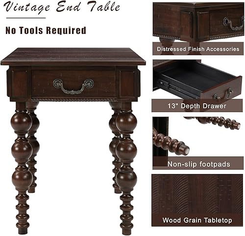 Miniatura 4 de Homora Mesa auxiliar rectangular de madera con cajón de almacenamiento, mesa de sofá estrecha vintage con patas de madera maciza en forma de