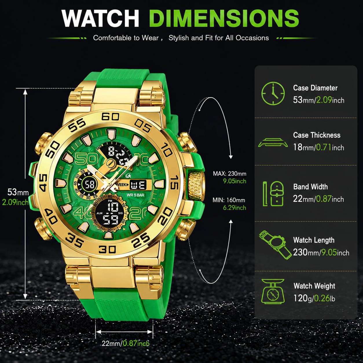 MASTOP Relojes coloridos para hombre, para deportes al aire libre, 55 mm, cara grande, camuflaje, 50 m, impermeable, militar, reloj de pulsera táctico, fecha, multifunción, alarma LED, resistente para