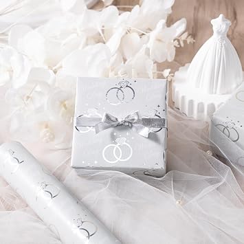WRAPAHOLIC Wedding Wrapping Paper Roll - Mini Roll - 17 Inch x 33 Feet - Silver Foil Diamond Ring and Wed Day Lettering Design Perfect for Wedding, Celebration, Party