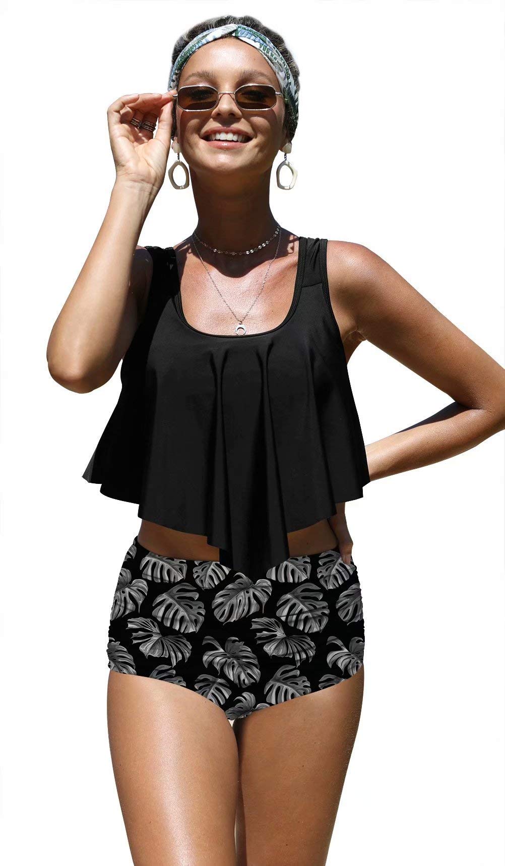 Aixy Women’s Two Piece Flounce Strappy High Waisted Tankini Swimsuits Tummy Control Swimwear