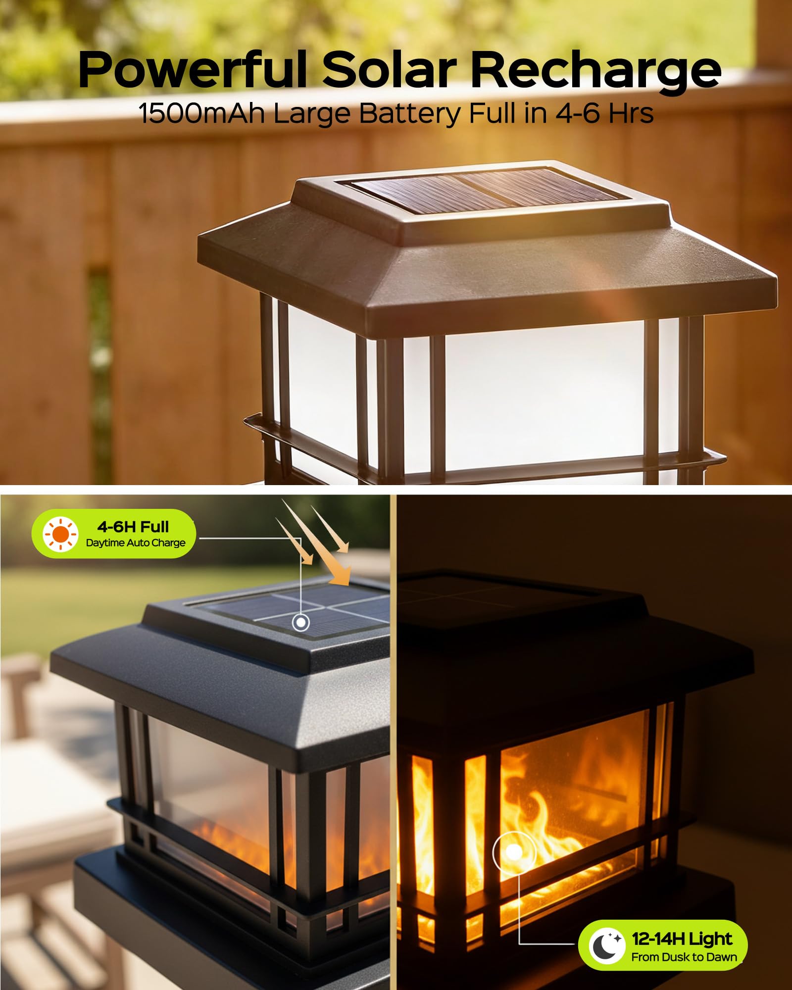 6 Pack Solar Flame Post Lights Outdoor, Solar Powered Fence Post Cap Lights, High Brightness Flickering Flame SMD LED Lighting Decor for Garden Deck Patio, 4x4, 5x5 or 6x6 Vinyl/Wooden Posts - 3