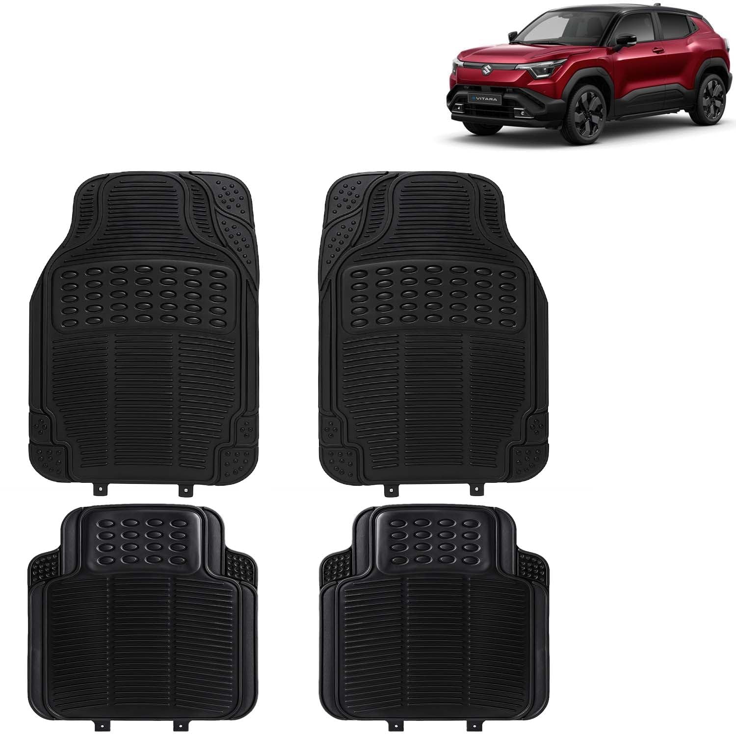 KINGSWAY Accessories Universal Use Anti Skid PVC Car Mat Compatible with Maruti Suzuki e Vitara Year 2025 Onwards, Set of 4 Pcs Anti Slip Car Floor Rubber Mats, All Weather Car Foot Mats, Black