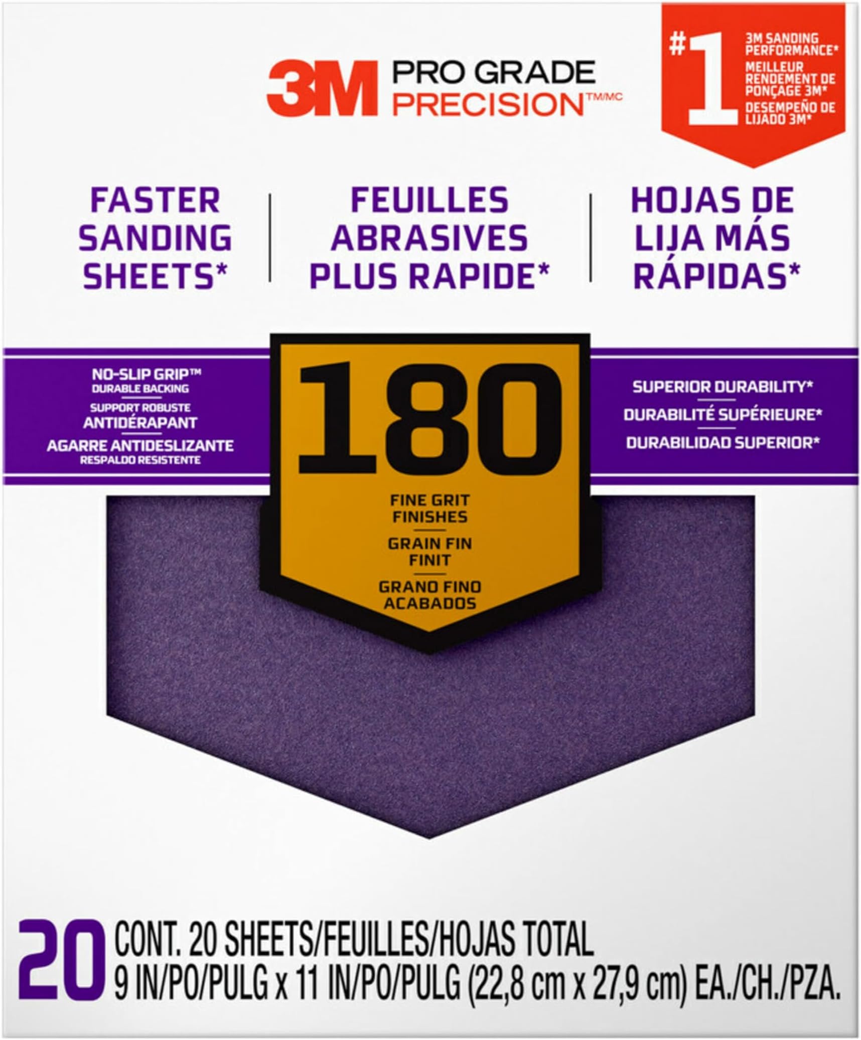 26180CP-P-G 180 Grit Pro Grade No-Slip Grip Advanced Sandpaper (20 Pack), 9 x 11", Purple