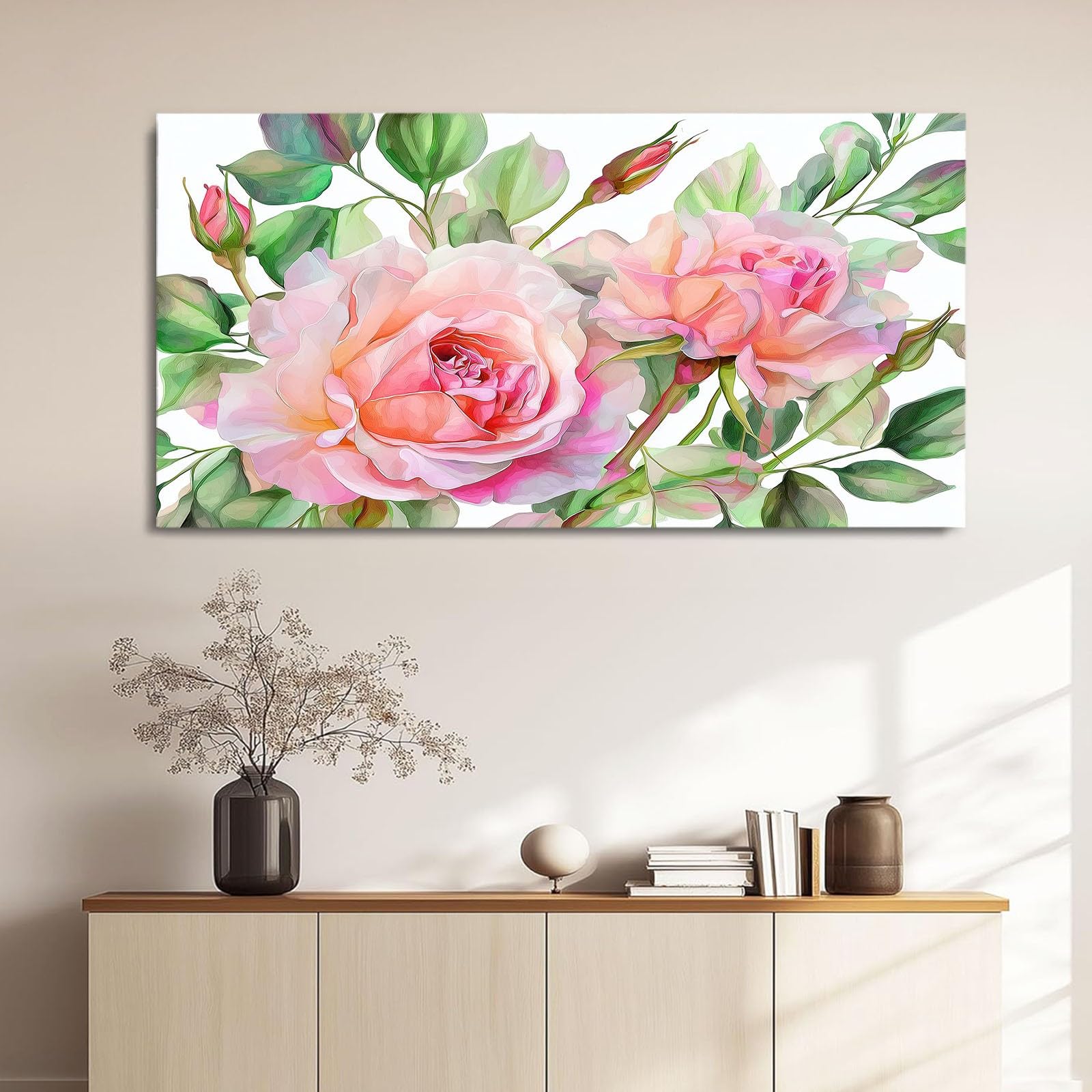 Genérico Impresión sobre lienzo Naturaleza Cuadro Decoracion Pared Pintura 120 x 80 cm Verde Floral Rosa Plantas Hojas - Carteles Arte para Salón, Dormitorio, Cocina, Oficina