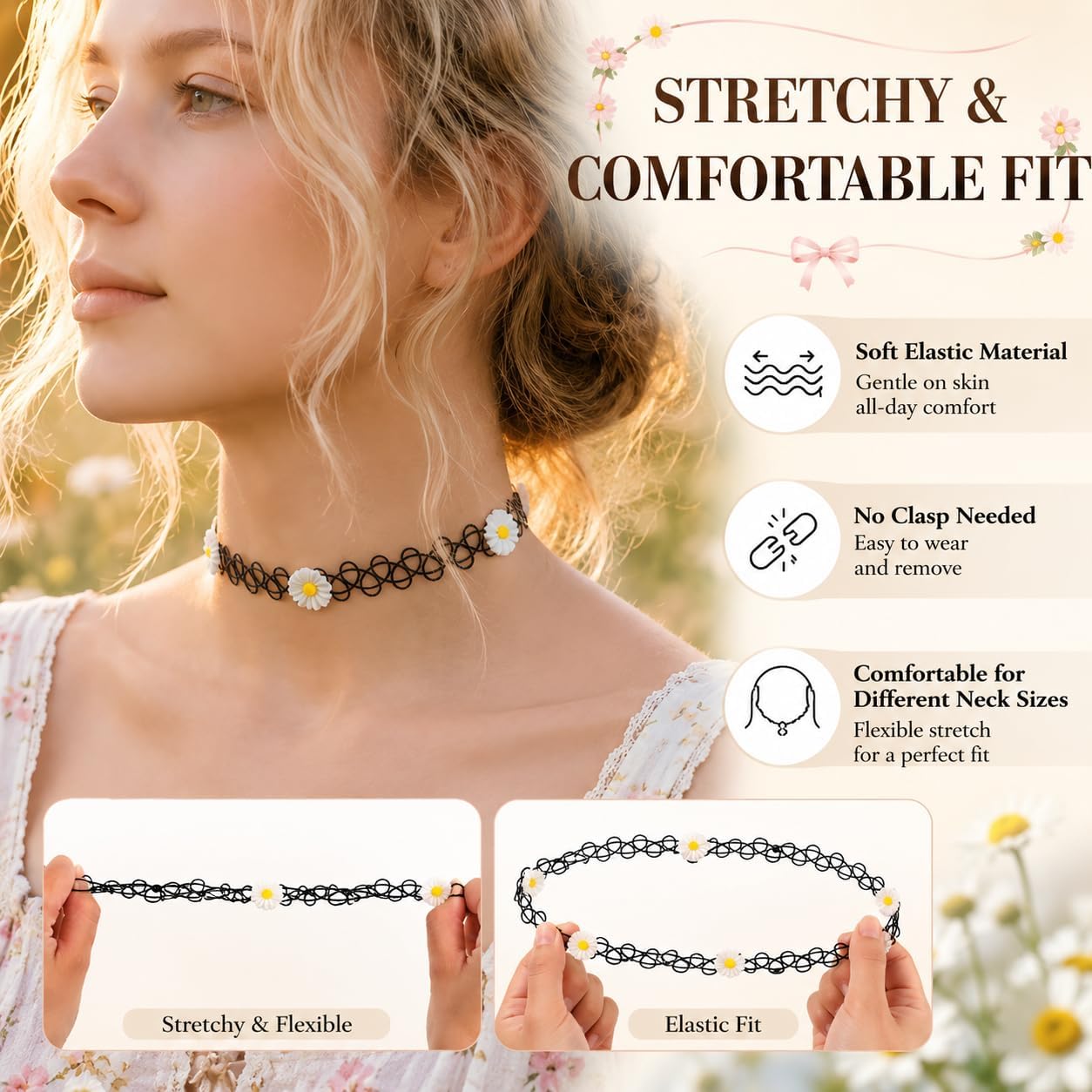 12PC 90s Tattoo Choker Necklace Set with Colorful Daisy Charms, Flower Floral Stretchy Elastic Vintage Y2K Fashion Jewelry, Cottagecore & Soft Girl Aesthetic Adjustable Retro Gothic Grunge Aesthetic Accessories for Women