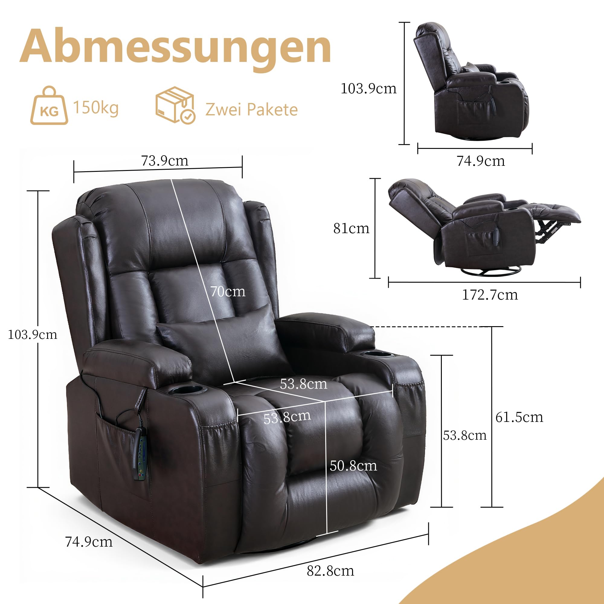 Relaxsessel mit Liegefunktion, Massagesessel mit Wärmefunktion, 360° Drehbarer Fernsehsessel Wohnzimmer, Schaukelstuhl mit Kissen/Seitentaschen/Getränkehalter (Rötlich-braun)