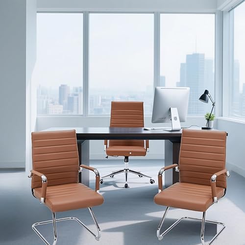 Miniatura 6 de Juego de 2 sillas de oficina para invitados, base de trineo, sin ruedas, sillas de recepción de cuero modernas con respaldo medio, sillas de sala de