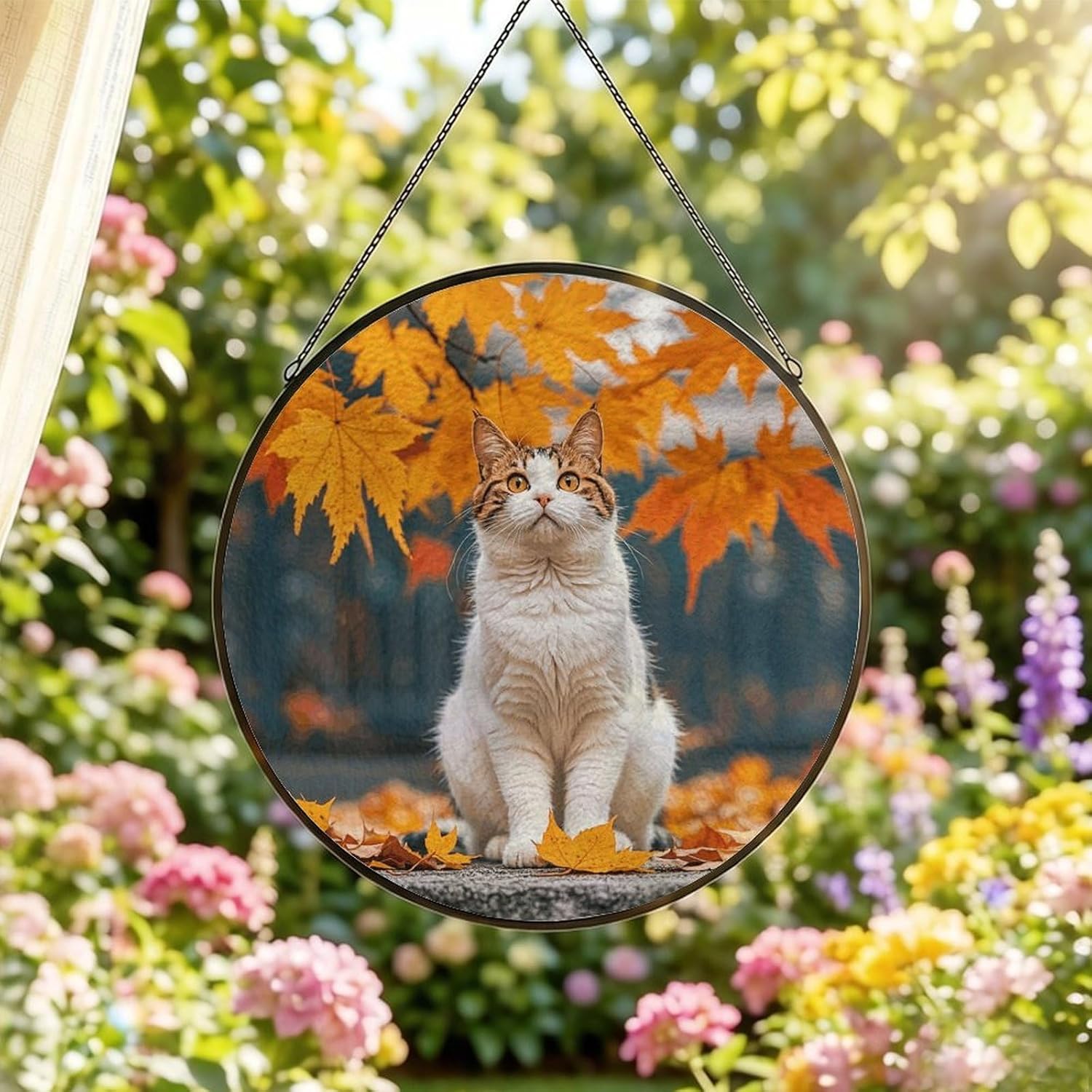 Stained Glass Hanging Sign Suncatcher, Autumn Cat Maple Leaf