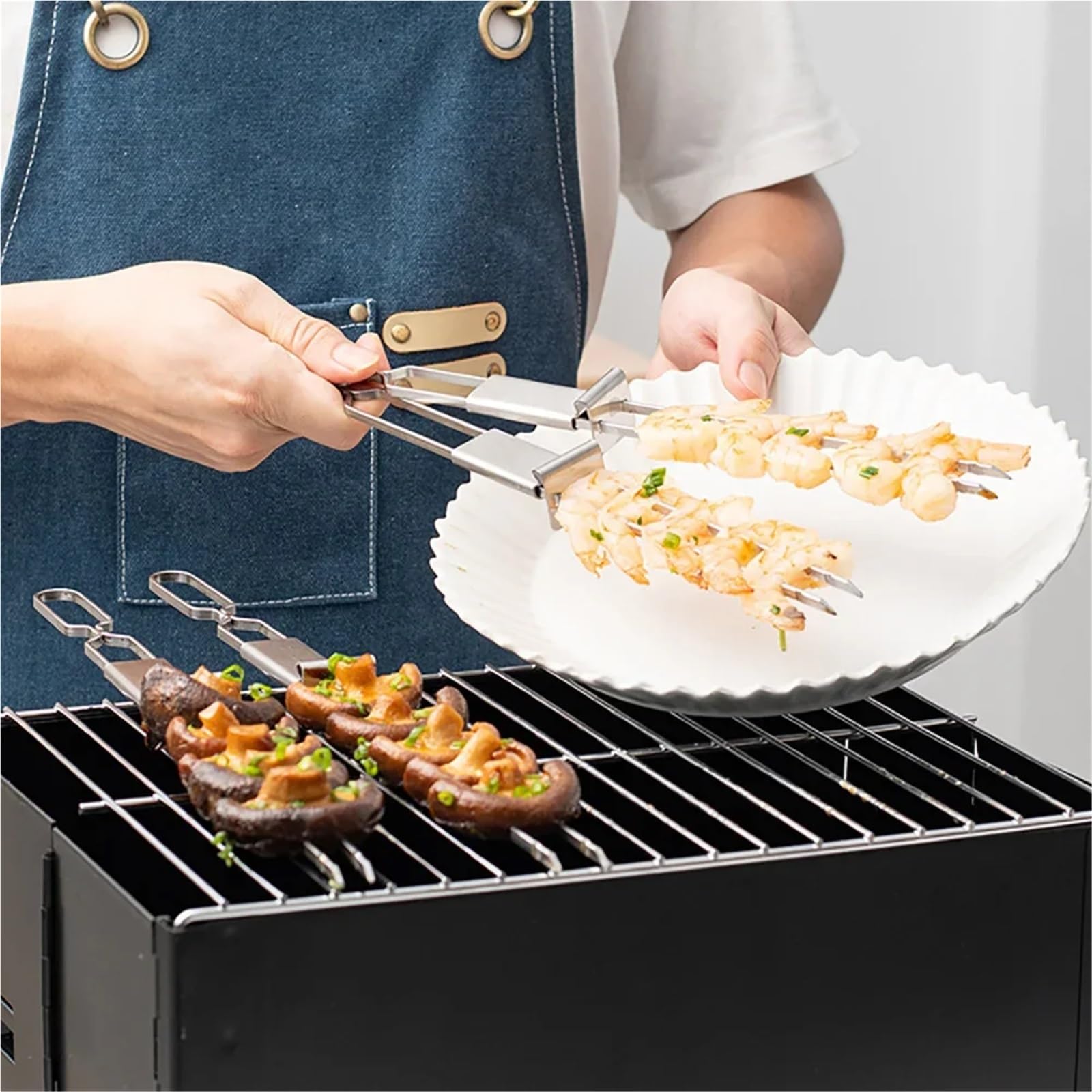 6Pcs Barbecue Grill Forchetta In Acciaio Inox Semi-Automatico Doppia Testa Spiedini In Metallo Portatile BBQ Campeggio Picnic Grilling