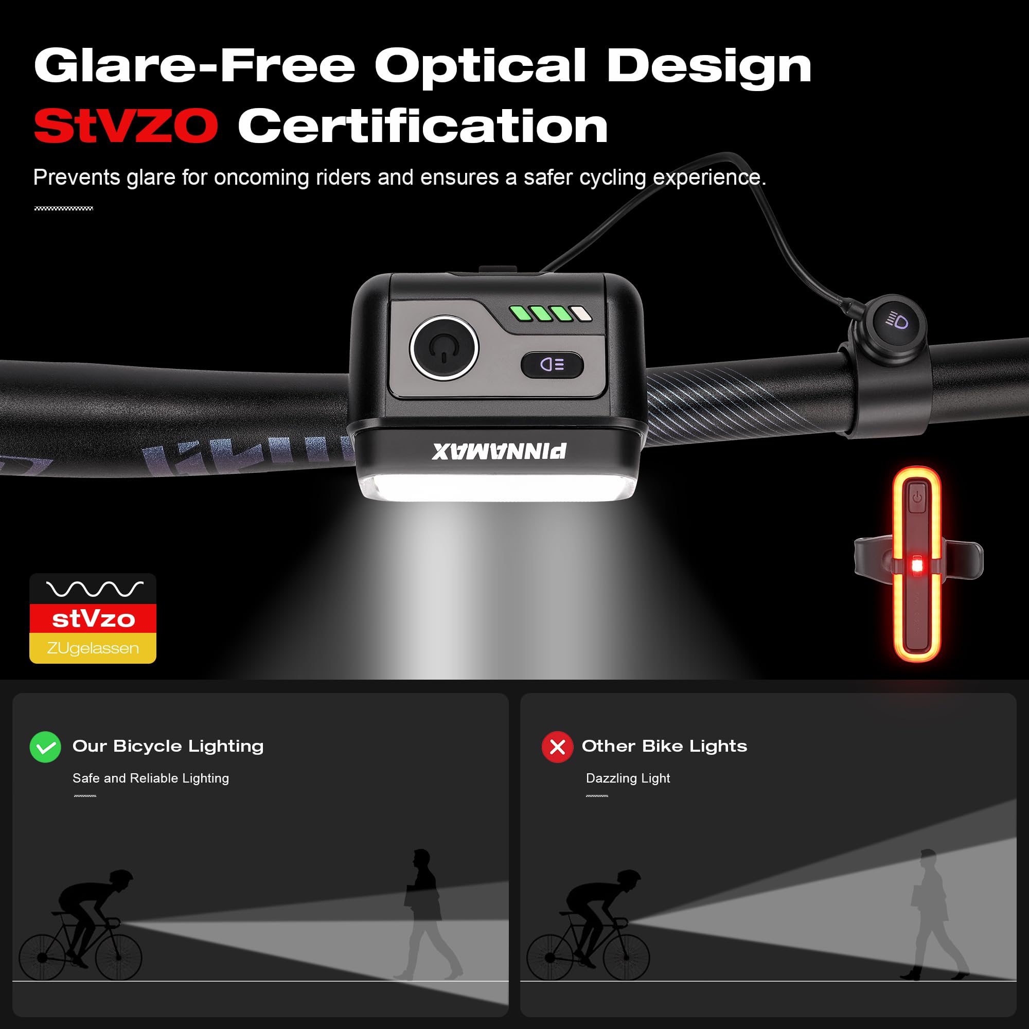 Kit d'éclairage de vélo homologué StVZO - Rechargeable par USB - Avec feu avant et arrière - 100 lux - Lumière avant et arrière avec capteur de freinage - Étanche IPX5 - Éclairage LED