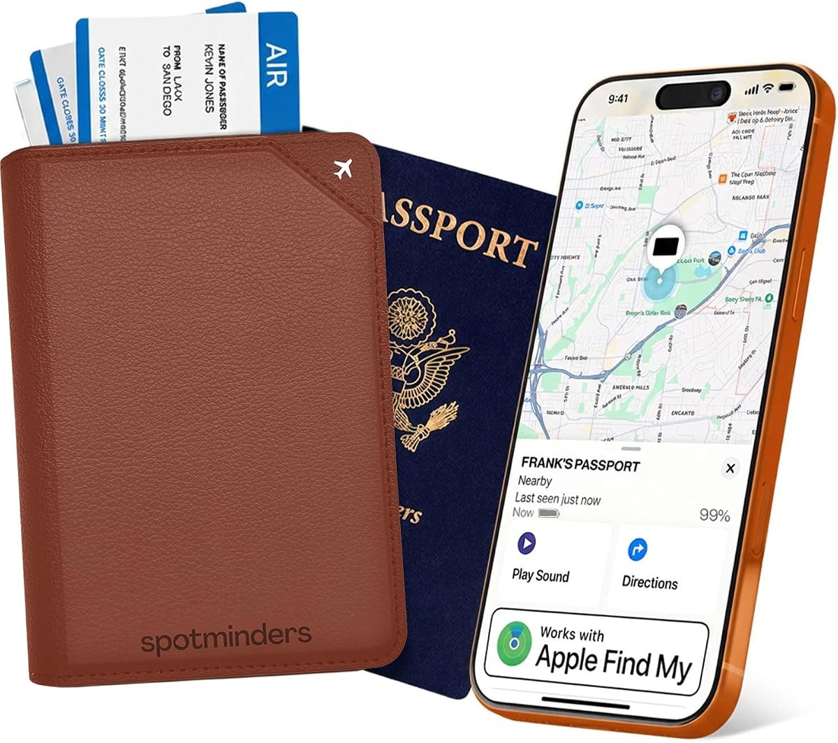 Apple MFi Certified Trackable Passport Holder for Travel (iOS Only) Works with Apple Find My, Rechargeable Passport Cover Air 3-Year Battery Life, Brown RFID Blocking Travel Wallet Gift