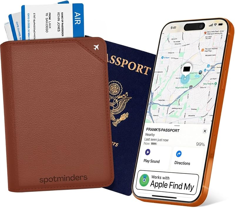 Apple MFi Certified Trackable Passport Holder for Travel (iOS Only) Works with Apple Find My, Rechargeable Passport Cover Air 3-Year Battery Life, Brown RFID Blocking Travel Wallet Gift