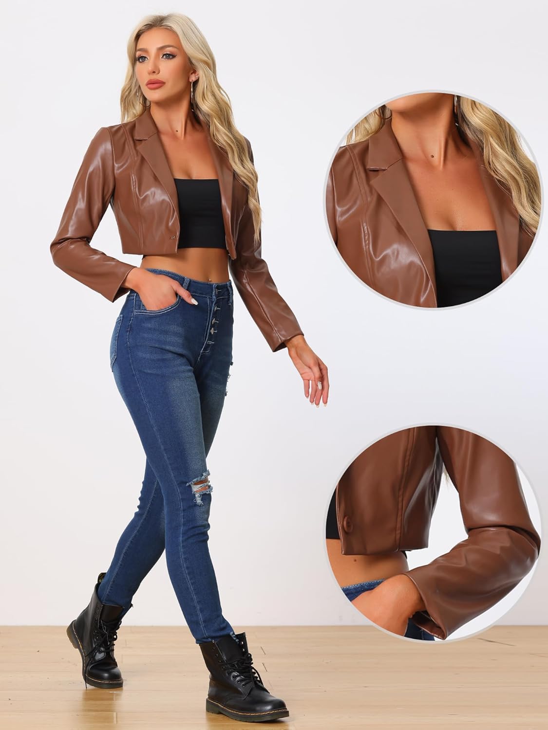 Allegra K Cropped Leather Jacket for Women's PU Casual Moto Jackets - Image 2