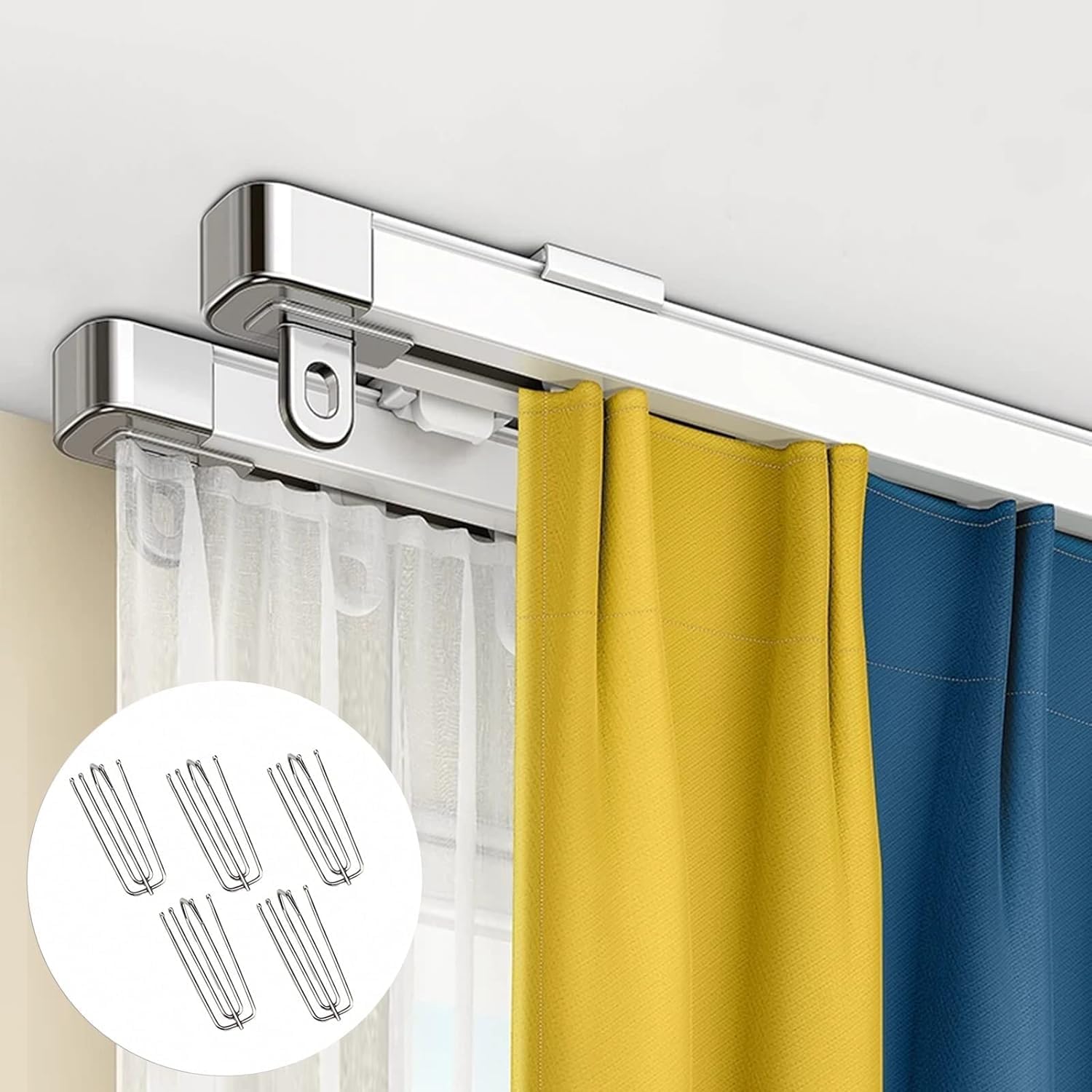 Retractable Curtain Track Set for RV/Bathroom/Bay Windows/Balcony - Double Rail with Sliding Room Dividers and Hooks