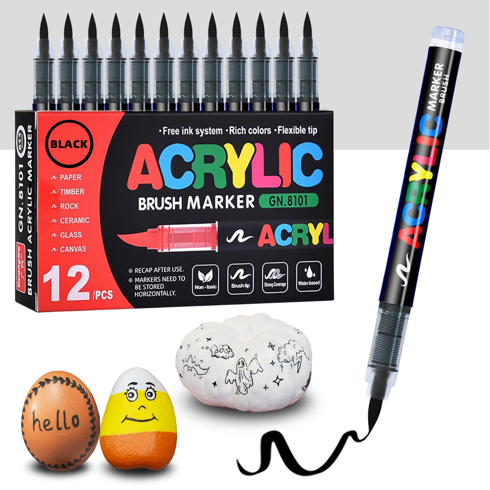 Black Acrylic Paint Pens, 12 Pack Soft Brush Tip Acrylic Paint Markers, Waterproof Art Markers for Wood, Metal, Ceramic, Fabric, Stone, Egg, Rock Painting and DIY Art Crafting