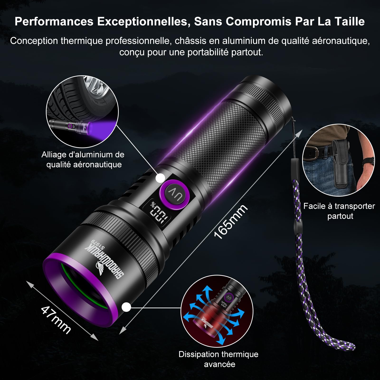 Shadowhawk 365nm Lampe Torche UV Avec Lentille Filtrante - 30W Lumiere Noire 4-Cœurs Lampe Ultraviolet Rechargeable, Alliage D'aluminium Lampe Wood pour Détecteur d'Urin/Roche/Fluorescéine/Banknotes