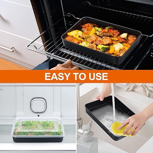 Miniatura 7 de P&P CHEF Sartén para horno tostador de 10.5 pulgadas con tapa, bandeja rectangular antiadherente para hornear y asar, núcleo de acero inoxidable y