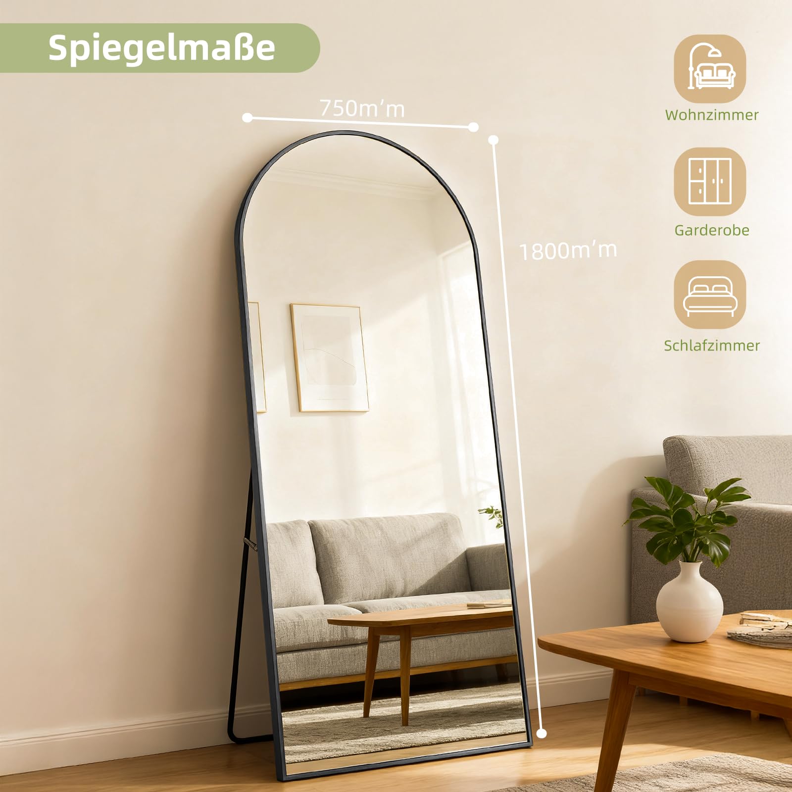 HySail Großer Bogenförmiger Ganzkörperspiegel – HD-Reflexion, Sicherheitsglas, Standspiegel und Wandspiegel, Vielseitig Einsetzbar für Wohnzimmer, Schlafzimmer und Flur