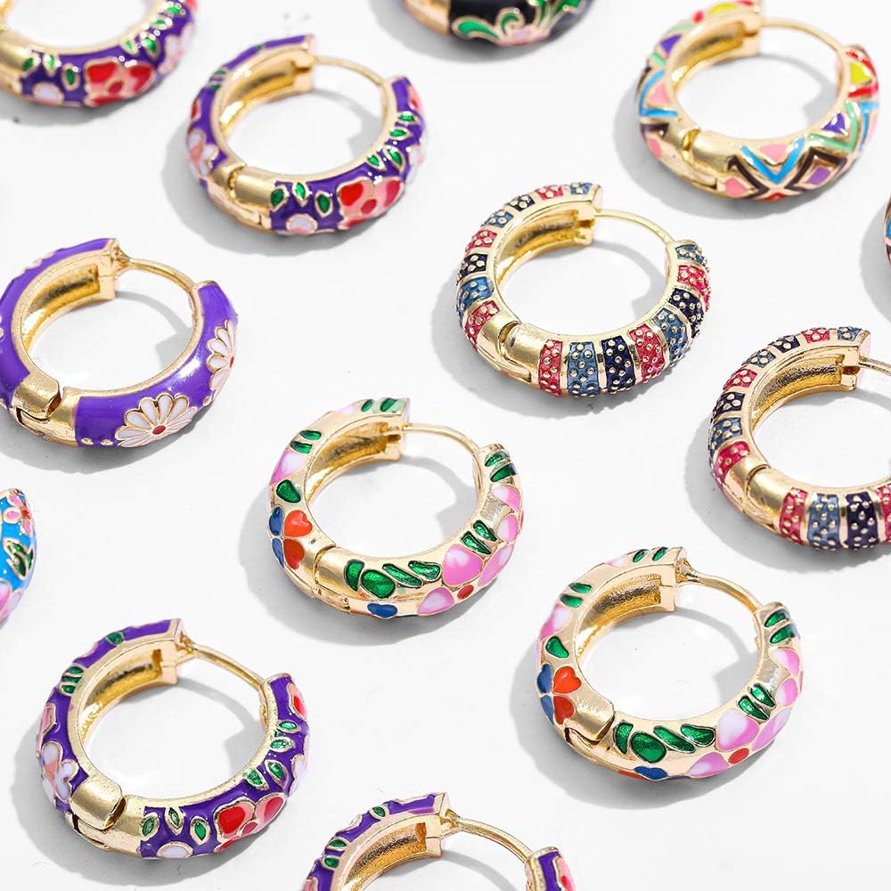 Vintage Enamel Flower Small Hoop Earrings Retro Japanese Style Flowers Ear Clip-on for Women Girls Delicate Jewelry Mother's Day Gift Thanksgiving Gift