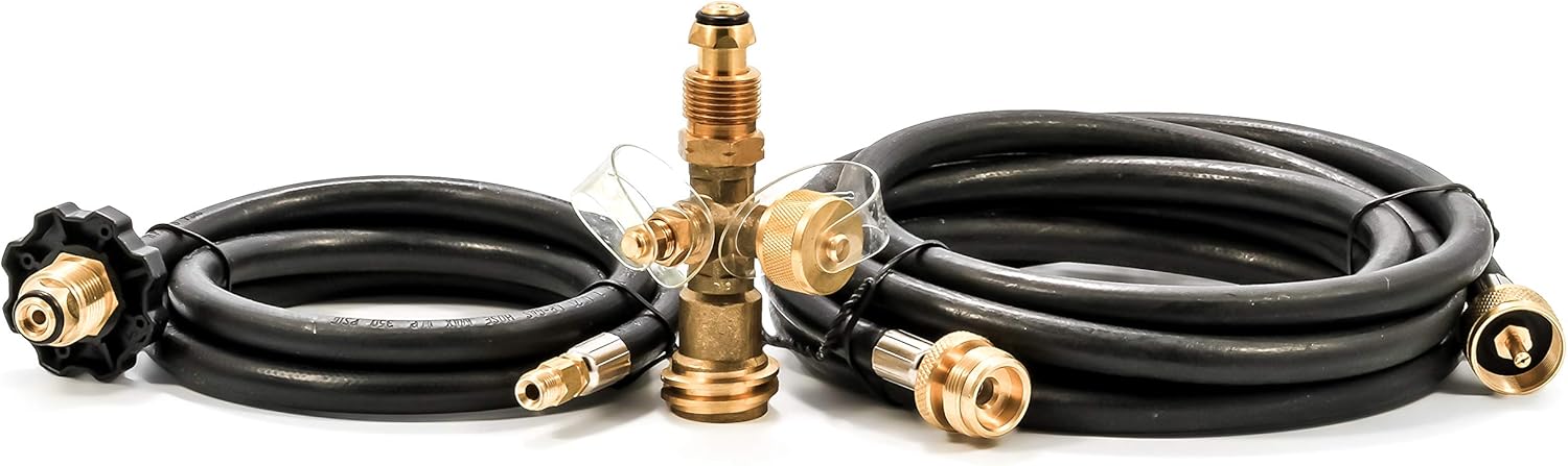 Camco Propane Brass 4 Port Tee- Comes with 5ft and 12ft Hoses, Allows for Connection Between Auxiliary Propane Cylinder and Propane Appliances (59123), Black