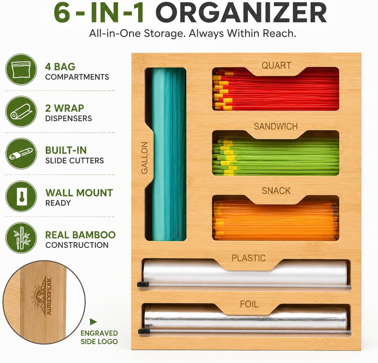 Bamboo 6-in-1 Foil and Plastic Wrap Organizer for Kitchen Drawers, Multi-Slot Dispenser for Bags, Rolls, Wraps, and Organized Everyday Food Preparation and Storage for Home Use