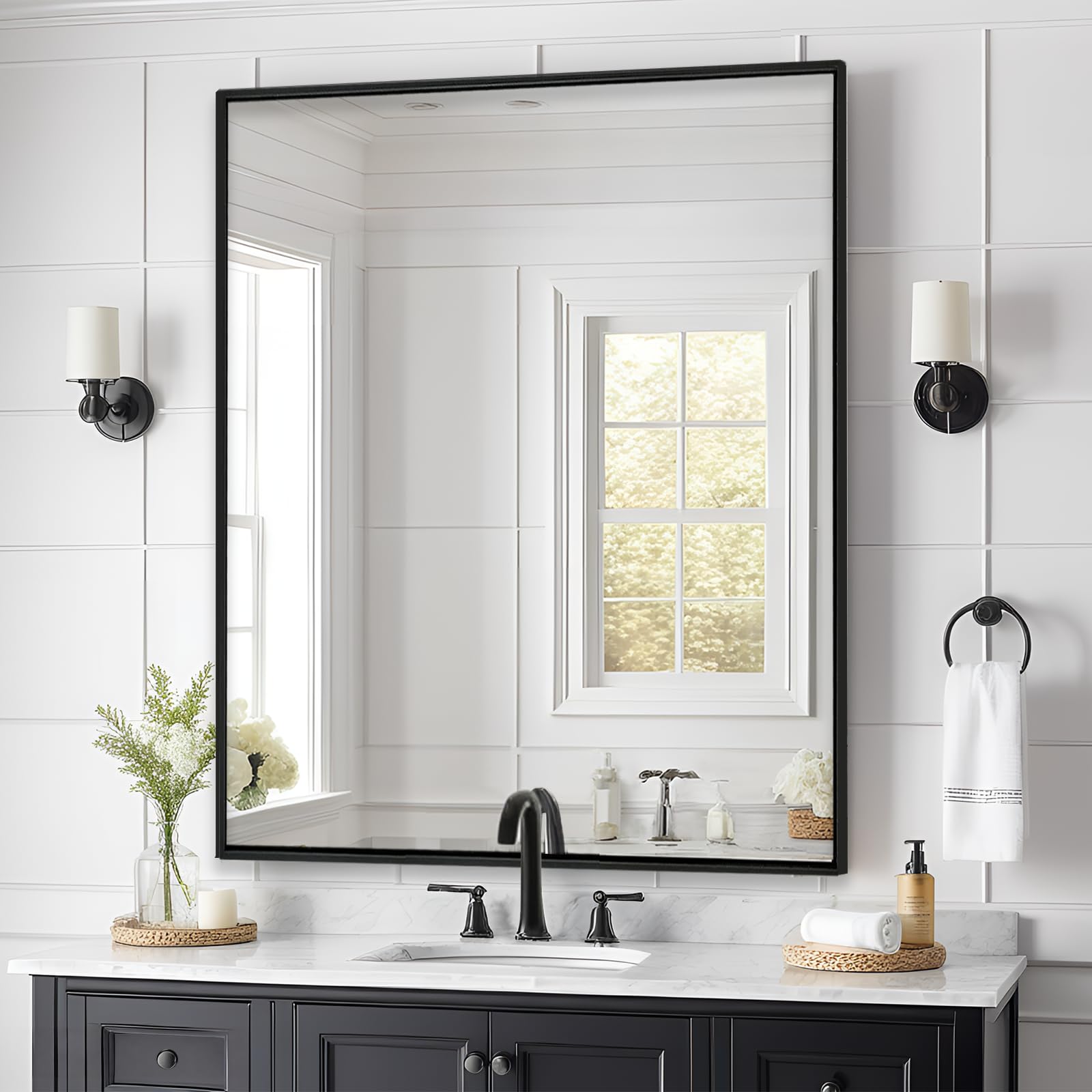 Wall Mirror 30x36, Rectangle Bathroom Mirror 30 x 36 inch, Black Metal Wall Mirror, Large Vanity Mirror 30 by36, Modern Wall Mounted Mirrors for Hallway, Living Room, Bedroom