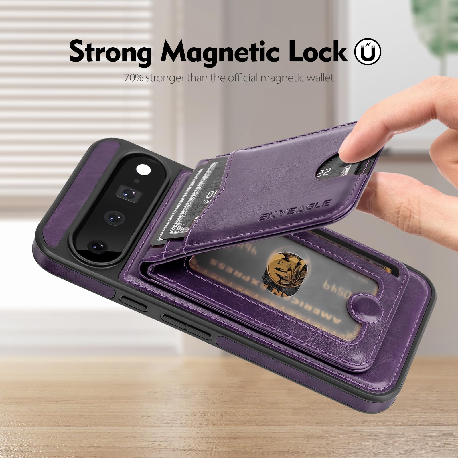 SkyEagle Compatibile con Magsafe 2 in 1 staccabile Google Pixel 11 Pro custodia a portafoglio con porta carte di credito donne uomini, magnetico in pelle PU blocco RFID Flip Kickstand slot di credito