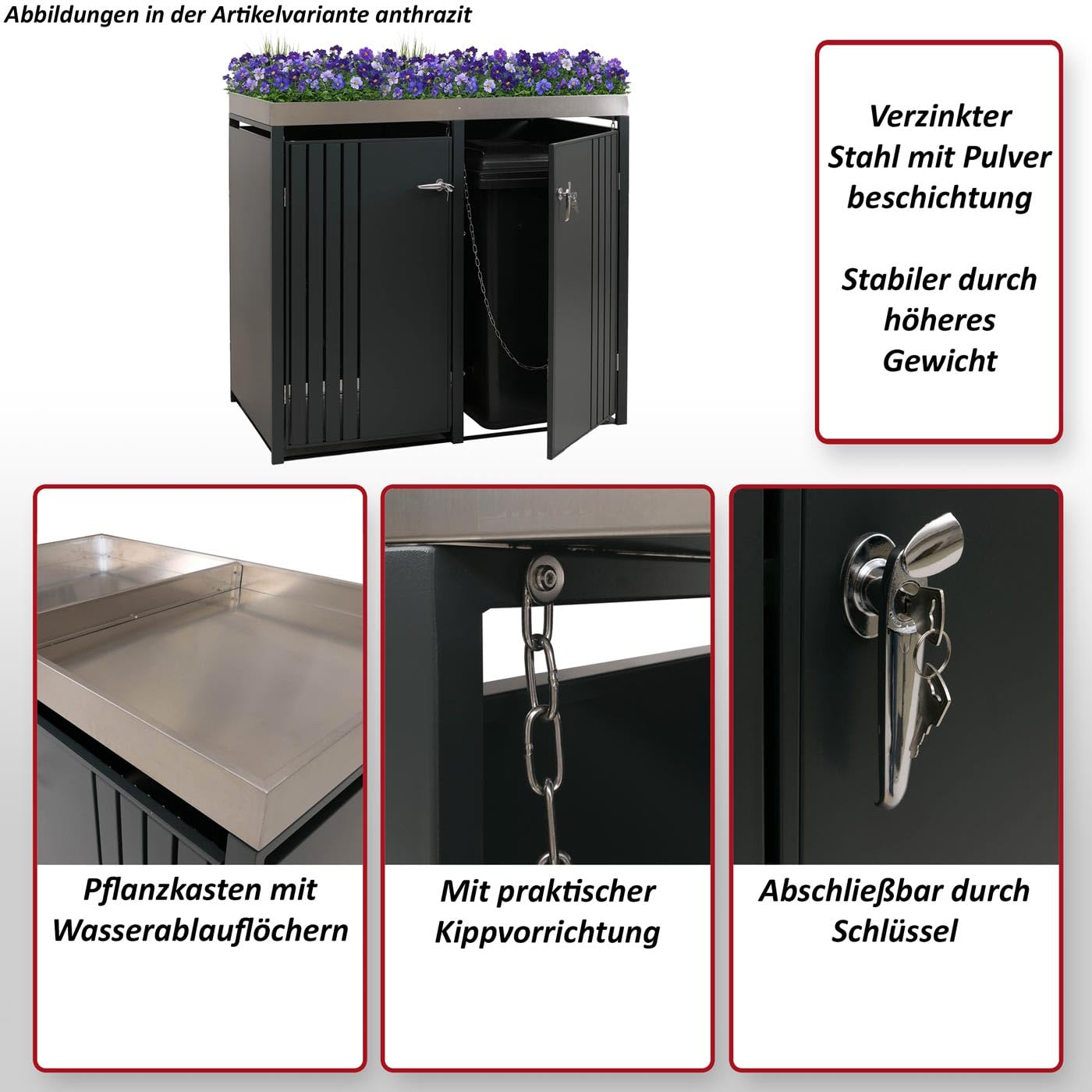 Mendler 2er-Mülltonnenverkleidung HWC-O67 - anthrazit Edelstahl | Mülltonnenbox, mit Pflanzkasten, Metall, 125x132x84cm, 55kg