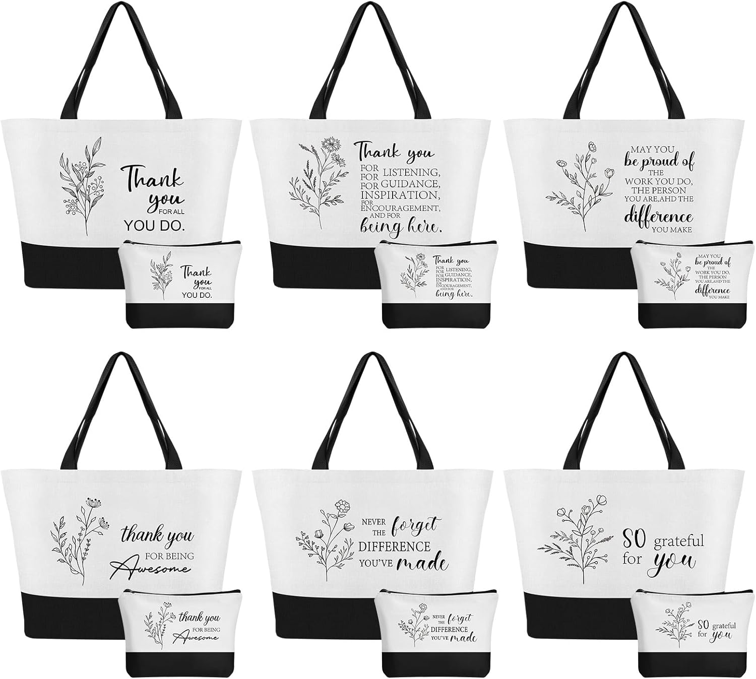 12 Pcs Employee Appreciation Canvas Tote Bags for Women - Floral Thank You Canvas Bag Mother's Day Gifts Bags with Zipper for Teacher Coworker Nurse Grocery Bags (6 Large & 6 Small)