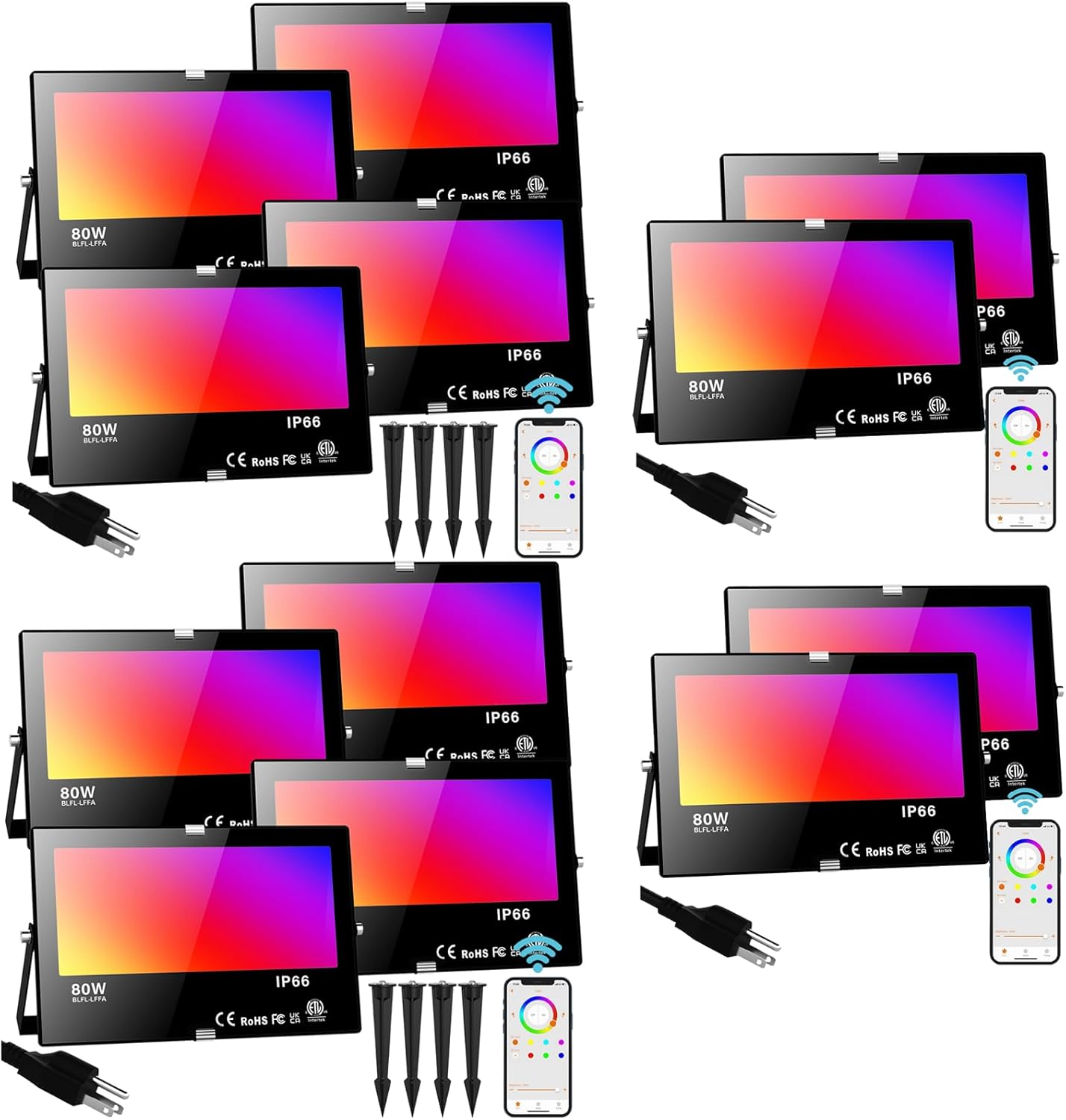 12Pack RGB Led Flood Light Outdoor 800W Equivalent Bluetooth Smart Color Change Landscape Lighting with 8PC Stake