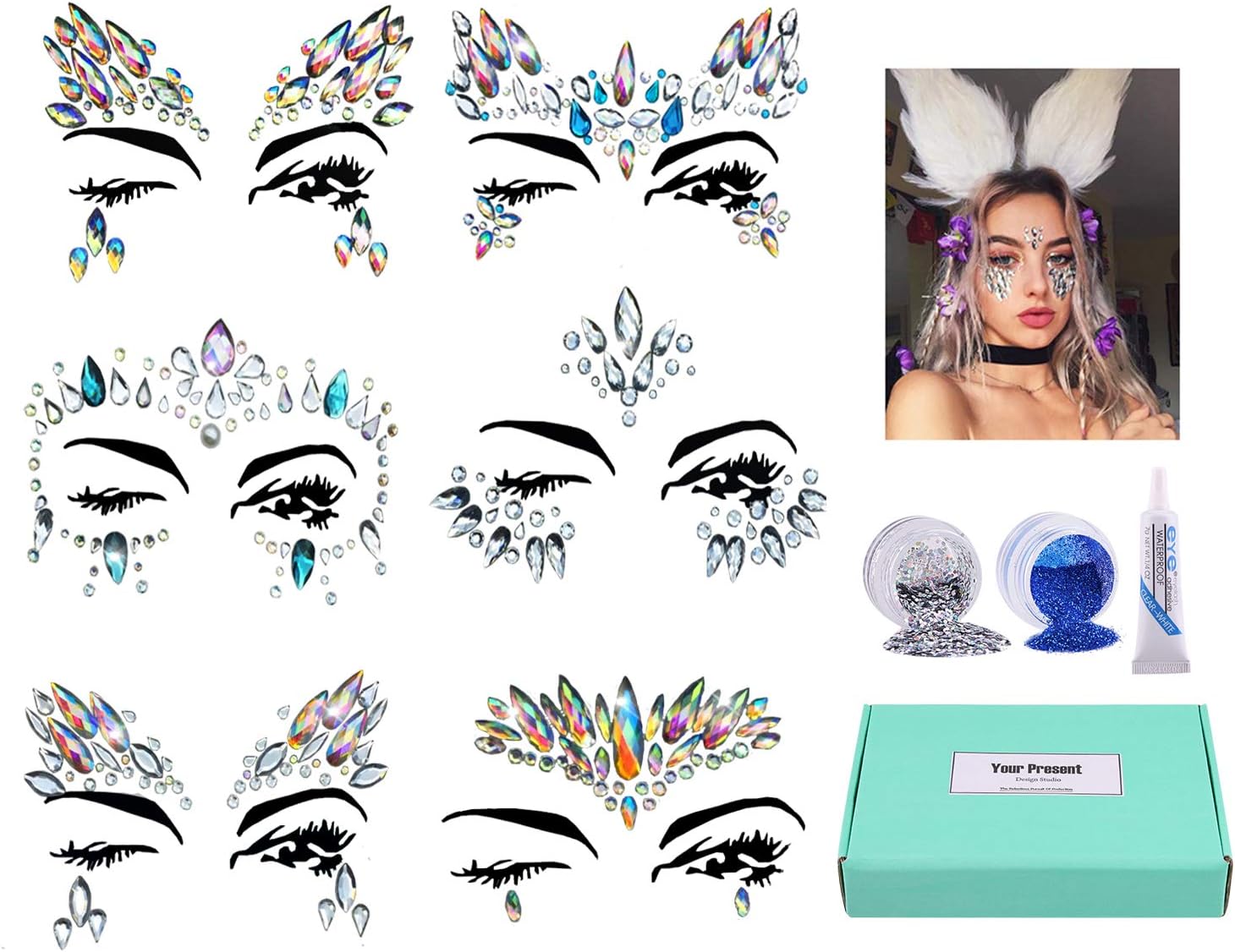 Face Gems,6Pcs Women Face Jewels Crystal Face Glitter Rhinestone Bindi Temporary Tattoo Face Eyebrow Body Stickers for Festival Party
