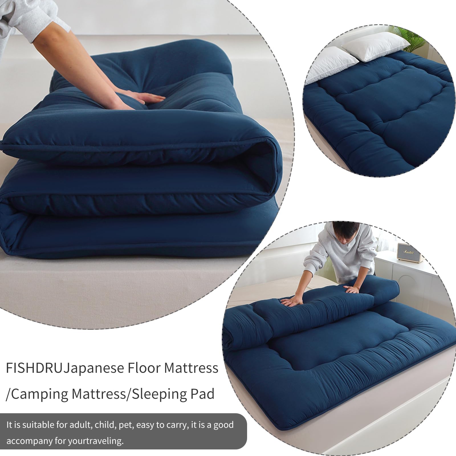 Futon-Matratze, japanische Bodenmatratze, Japanisches Bodenbett, faltbares Tatami-Bett, aufrollbare Schlafunterlage für Gästeraum, Schlafzimmer (Marineblau, Full-Matratze(137 * 203CM))